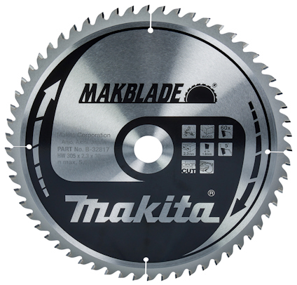 Cirkelsågklinga med Makita och Makblade logotyper, samt ikoner och text på ytan.