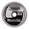 Rund sågklinga med tandad kant, texten "Makita" och "Specialized for Metal Cutting" och flera piktogram synliga.