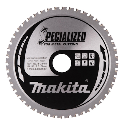 Rund sågklinga med tandad kant, texten "Makita" och "Specialized for Metal Cutting" och flera piktogram synliga.