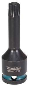 Mörk hylsbits med texten "Makita CR-MO T55", cylindrisk form och ett blått band nära basen.