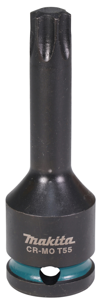 Mörk hylsbits med texten "Makita CR-MO T55", cylindrisk form och ett blått band nära basen.