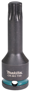 Cylindrisk hylsbit med texten "Makita CR-MO T60" i silver mot en mörk bakgrund.