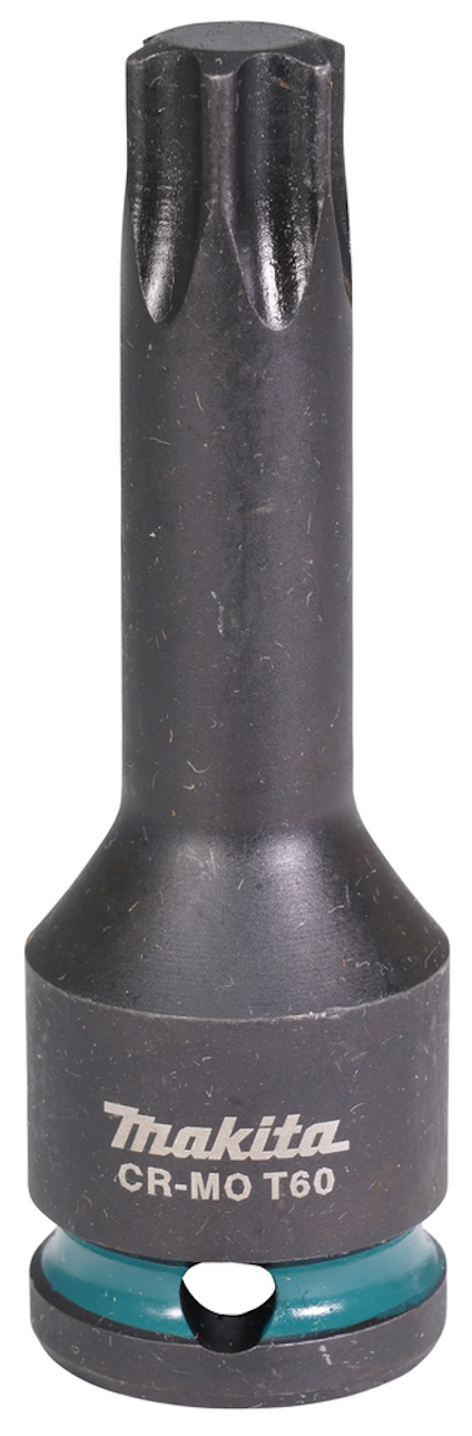 Cylindrisk hylsbit med texten "Makita CR-MO T60" i silver mot en mörk bakgrund.