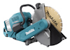 Batteridriven kapmaskin med blå och grå detaljer, märkt "Makita" på skyddsskivan.