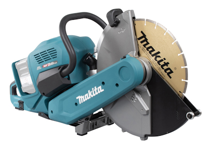 Batteridriven kapmaskin med blå och grå detaljer, märkt "Makita" på skyddsskivan.