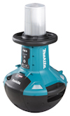 Blå och svart Makita arbetslampa med cylinderformad ljuskälla på toppen och kontrollpanel på sidan.