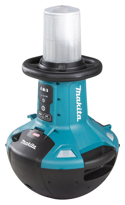 Blå och svart Makita arbetslampa med cylinderformad ljuskälla på toppen och kontrollpanel på sidan.