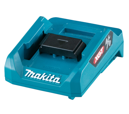 Blå Makita XGT-adapter med svart fäste och vit logotyp på framsidan.