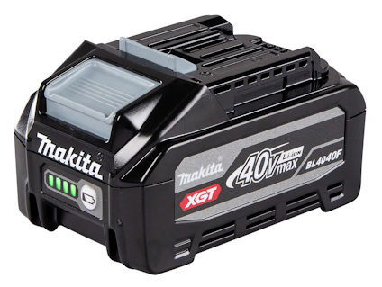 Svart och silver Makita 40V Litiumjon-batteri, modell BL4040F, med XGT-märkning och laddningsindikator.
