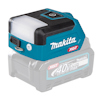 Blå och svart lampa med USB-port och en bärbar design; märkt med "Makita" och "XGT".