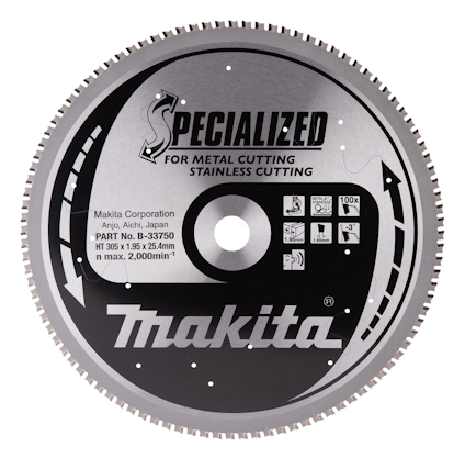 Cirkulär sågklinga med texten "Specialized for metal cutting stainless cutting", logotypen "Makita" och tekniska detaljer.
