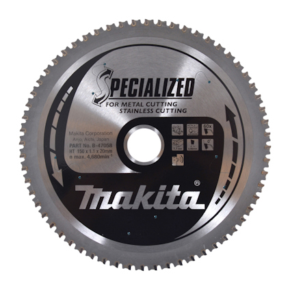 Rund sågklinga med tänder, Makita-logotyp och text om metall- och rostfri skärning.