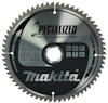 Rund sågklinga med texten "SPECIALIZED FOR ALUMINUM CUTTING" och "Makita". Har tänder runt kanten och olika symboler tryckta.