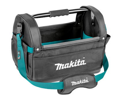 Svart och turkos öppen verktygsväska med nio fack och bärhandtag, märkt med "Makita".