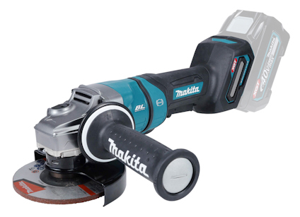 Vinkelslip med ergonomiskt handtag, sladdlös design och Makita-logotyp på sidan, samt synligt batteripaket.