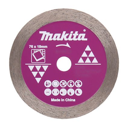 Rund diamantklinga med lila etikett, Makita-logga, ikon för skärning av material och text "Made in China".