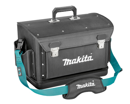 Svart verktygsväska med lock, metallspännen och turkos axelrem, märkt med "Makita" i vit text.