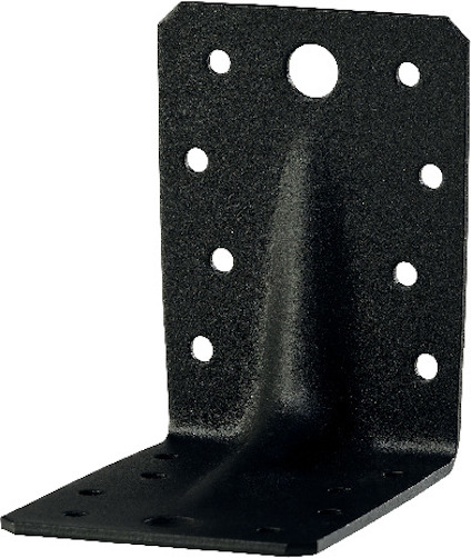 Svart vinkelbeslag i metall med flera hål för montering.