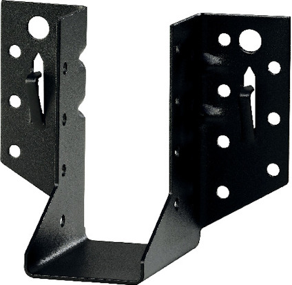 Svart metallbeslag med flera rundade och ovala hål, utformat för att fästa träbalkar.