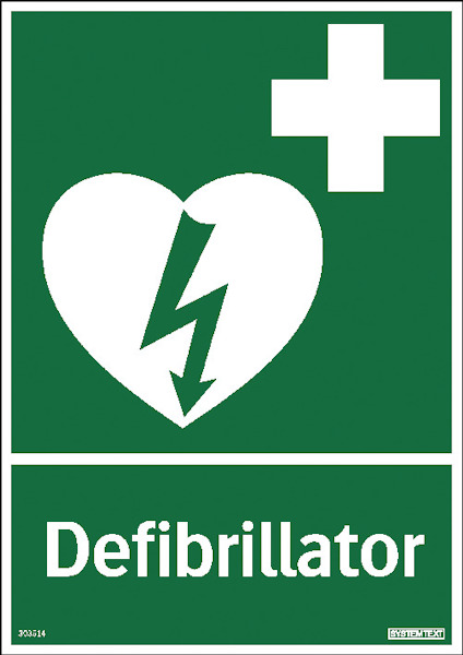 Grön skylt med vit symbol av ett hjärta och blixt samt texten "Defibrillator".