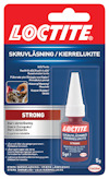 Förpackning med Loctite skruvlåsning, röd etikett med text på flera språk.