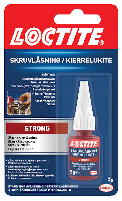 Förpackning med Loctite skruvlåsning, röd etikett med text på flera språk.