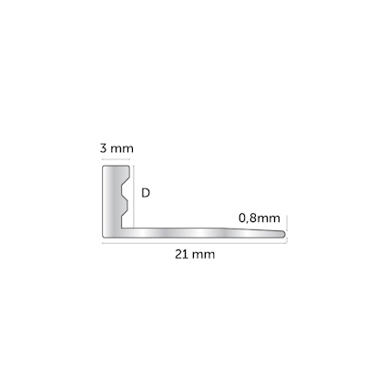Metallprofil i genomskärning; måttangivelser 3 mm, 0,8 mm, 21 mm.