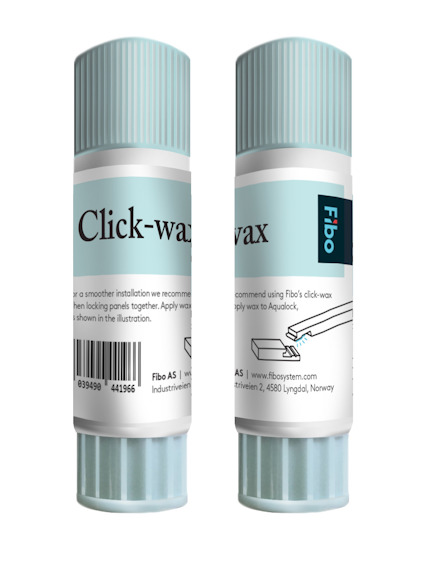 Två cylindriska förpackningar med texten "Click-wax" och "Fibo" i ljusblå och vita färger.