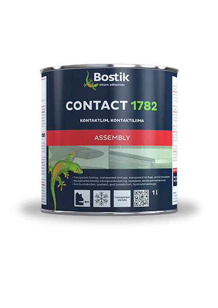 Burk med etikett "Bostik CONTACT 1782" och text på flera språk. Förpackningen rymmer 1 liter.