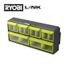 Svart och grått förvaringsskåp med nio gröna lådor, Ryobi Link-logotyp ovanför.