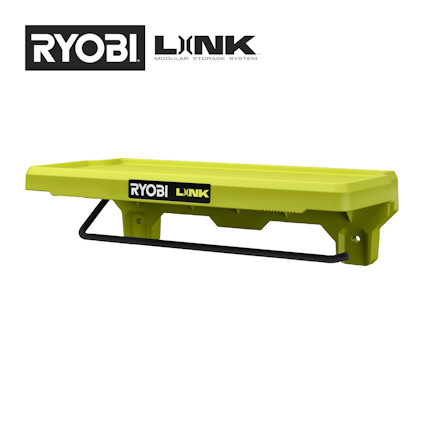 Grön hylla från Ryobi Link med svart ram och logotyp placerad på en vit bakgrund.