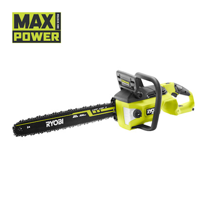 Kedjesåg i grön och svart med texten "RYOBI" på svärdet. "MAX POWER" står i övre vänstra hörnet.