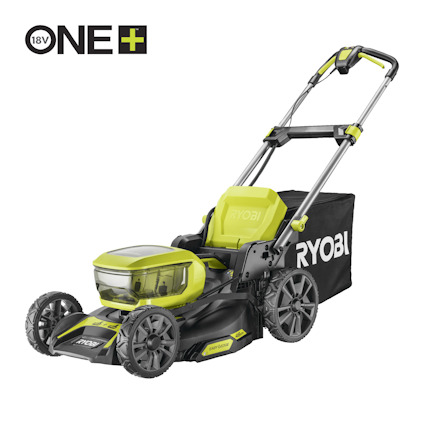 Grön och svart gräsklippare med handtag och hjul, märkt "RYOBI" och "ONE+ 18V".