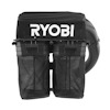 Svart gräsuppsamlare med två behållare och vit text "RYOBI" på toppen.