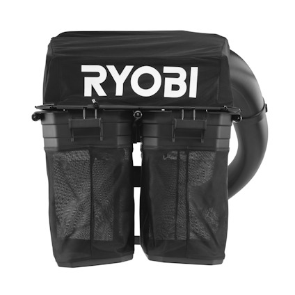 Svart gräsuppsamlare med två behållare och vit text "RYOBI" på toppen.