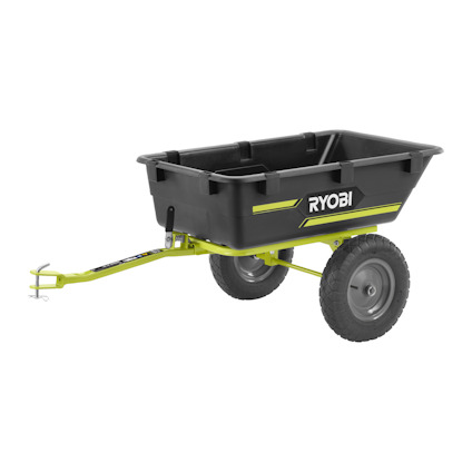 Grön och svart traktorvagn med två stora hjul och dragkrok. Märkt med "RYOBI" på sidan.