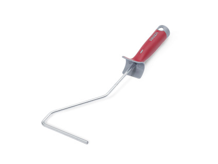 Röd och grå målarrollerhandtag med böjd metallstång.