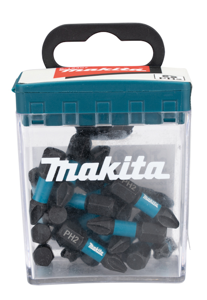 Plastförpackning med flera svarta skruvbits märkta "Makita" och "PH2" med blå detaljer.