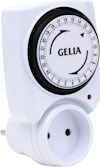 Vit klockströmbrytare med ojordad kontakt och vridbar ratt för inställning av tid. Text: "GELIA".