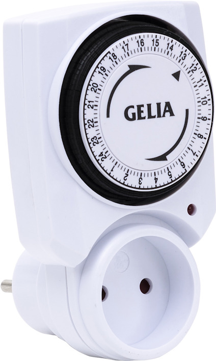 Vit klockströmbrytare med ojordad kontakt och vridbar ratt för inställning av tid. Text: "GELIA".