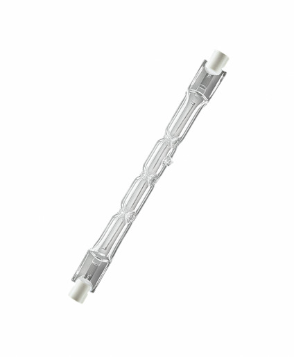 Glödlampa med klart glasrör och vita ändkontakter placerad diagonalt mot vit bakgrund.