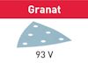 Sandpappersark i triangulär form med sex hål, texten "Granat" och "93 V" visas.