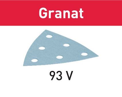 Sandpappersark i triangulär form med sex hål, texten "Granat" och "93 V" visas.