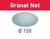 Rött fält med texten "Granat Net", bild av runt nätslippapper, text "Ø 150" under.
