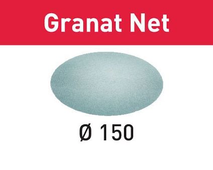 Rött fält med texten "Granat Net", bild av runt nätslippapper, text "Ø 150" under.