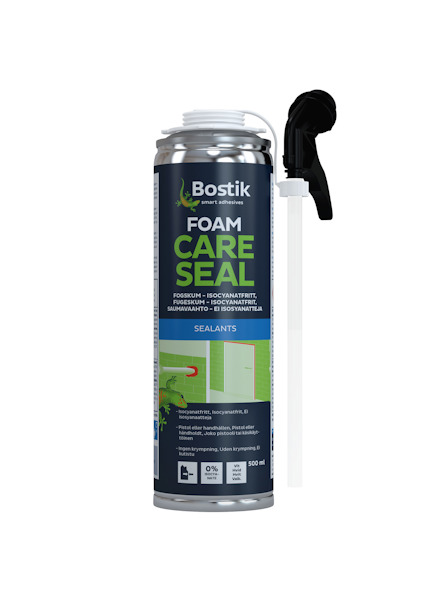 Sprayflaska med etiketten "Bostik Foam Care Seal" och en bild av en grön iguana.