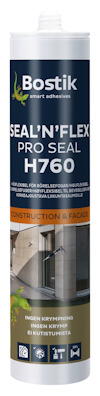 Förpackning av Bostik Seal'N'Flex Pro Seal H760, användning inom konstruktion och fasad, med bild av en entré.