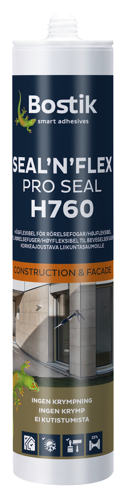 Förpackning av Bostik Seal'N'Flex Pro Seal H760, användning inom konstruktion och fasad, med bild av en entré.