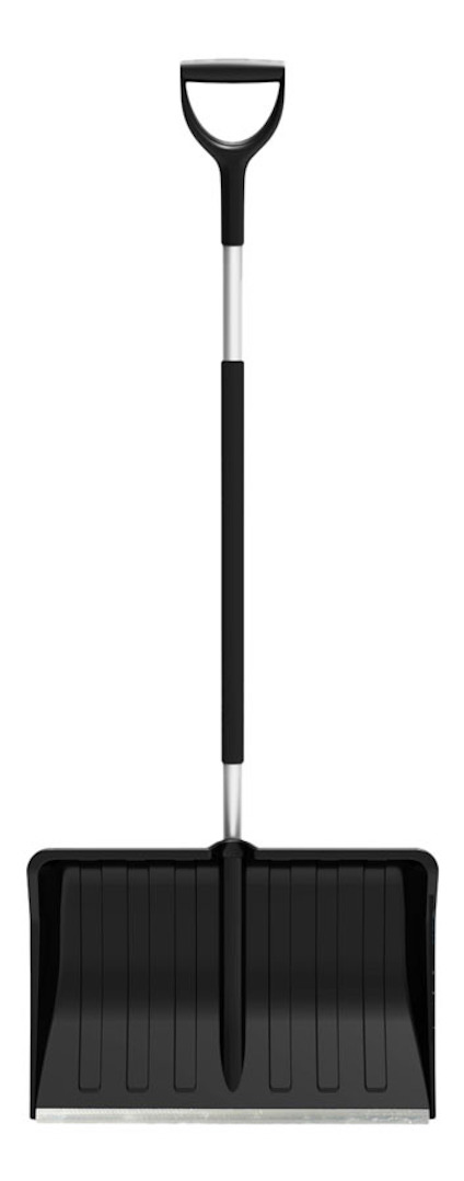 Svart snöskyffel med D-format handtag och ribbad bladyta av plast, samt ett skaft i metall.