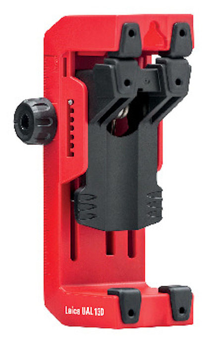 Rött magnetiskt väggfäste, märkt med "Leica UAL 130", med svart justeringsmekanism och ratt på sidan.